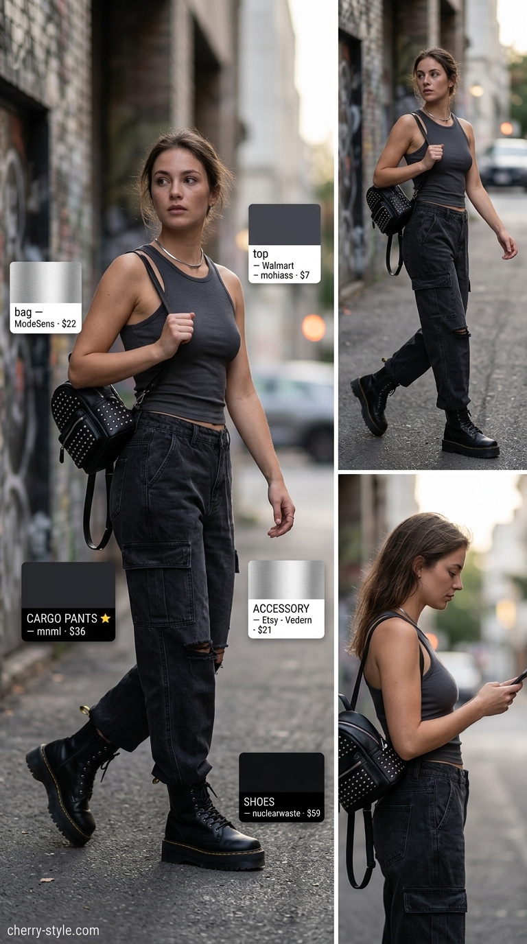 Cargo summer streetwear for women 2026: Faded black distressed cargo pants, dark grey tank, and combat boots for a cool vibe.