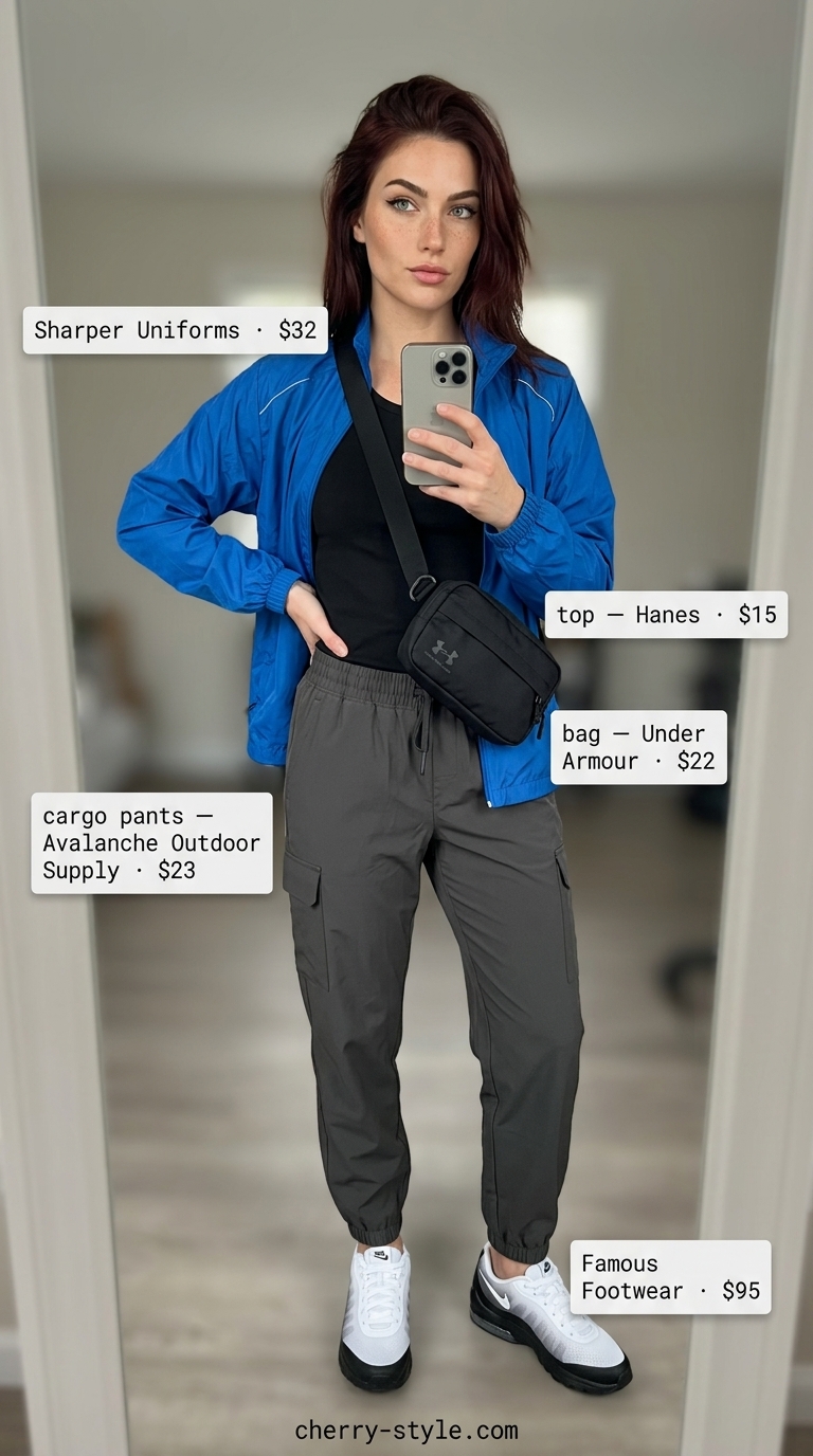 Cargo summer streetwear for women 2026: Electric blue windbreaker over charcoal cargo joggers and athletic sneakers.