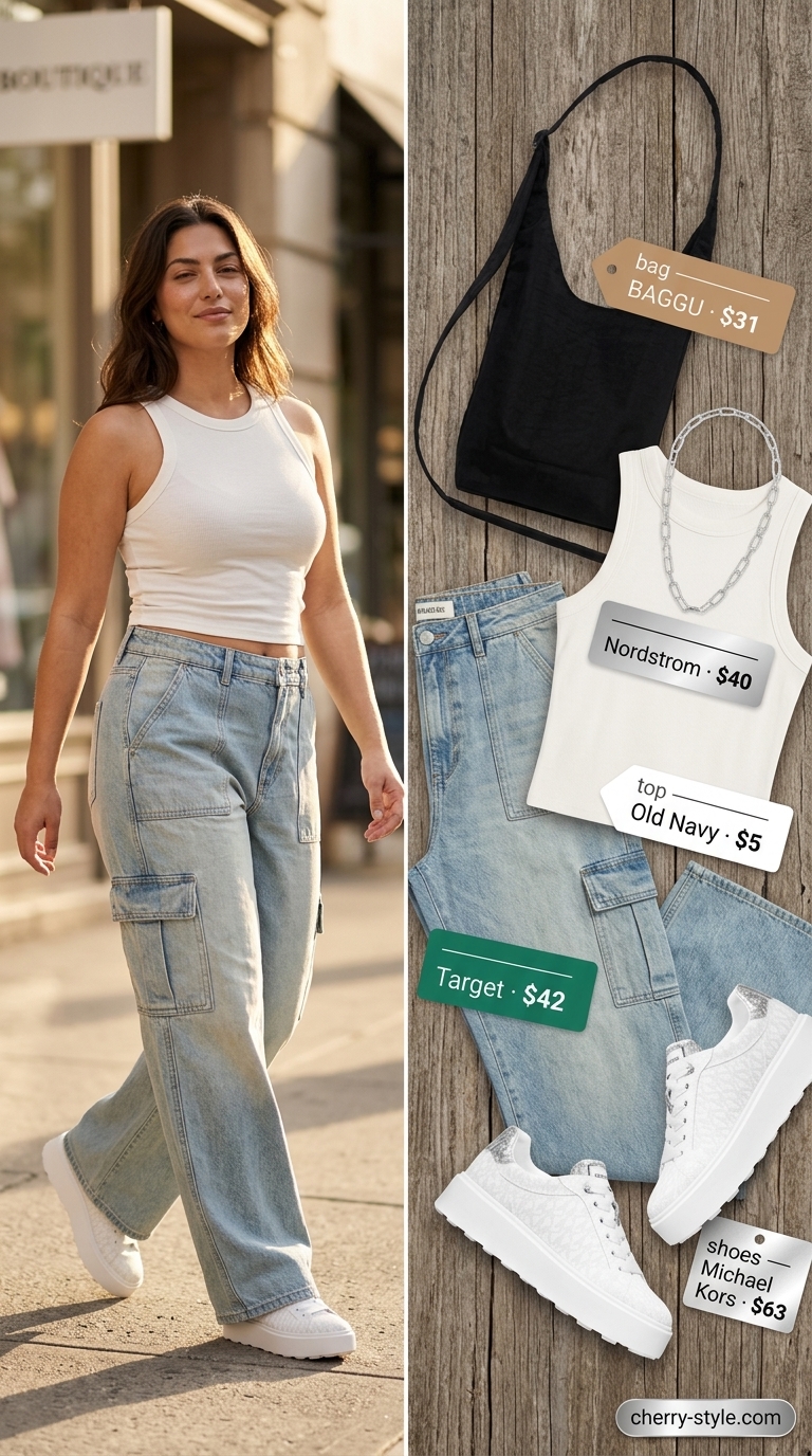 Cargo summer streetwear for women 2026: Light wash wide-leg denim cargo pants, white crop tank, and platform sneakers.