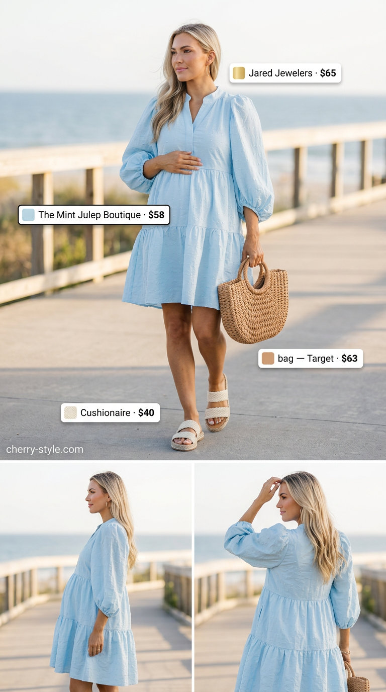 Casual maternity summer outfits 2026: Soft blue dress, straw tote, and espadrilles for a relaxed beach day.
