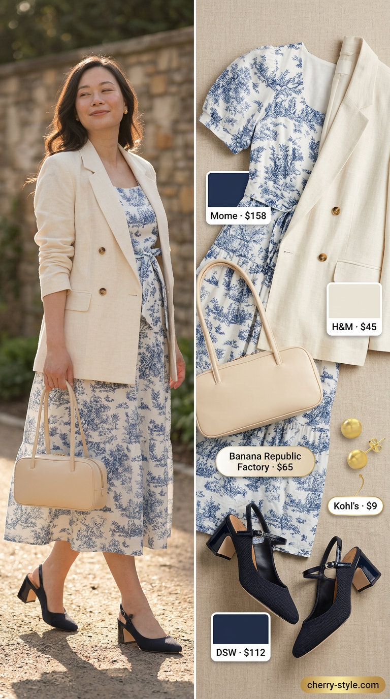 Casual maternity summer outfits 2026: Navy abstract dress, cream blazer, gold earrings, and block heels for brunch.