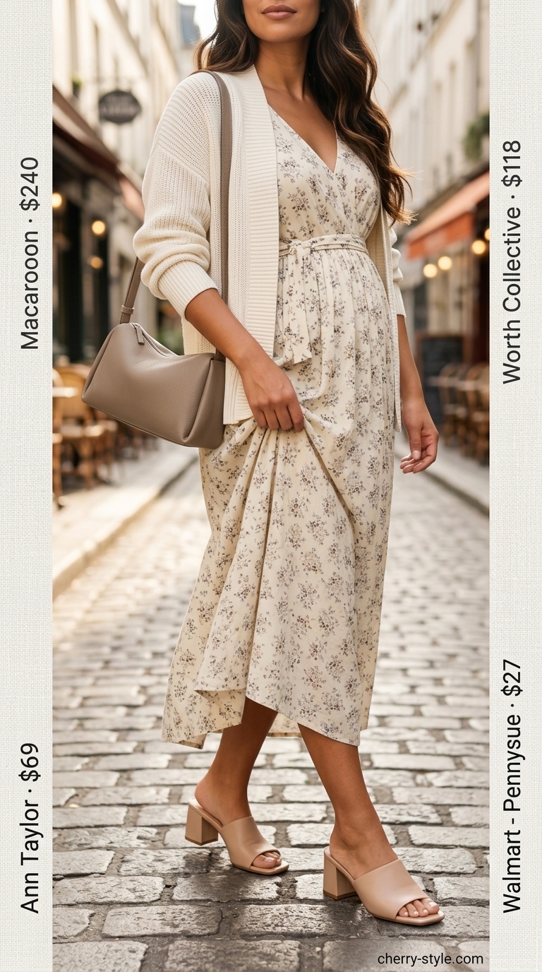 Casual maternity summer outfits 2026: Cream dress with beige cardigan, nude mules, and slouchy hobo bag for city errands.