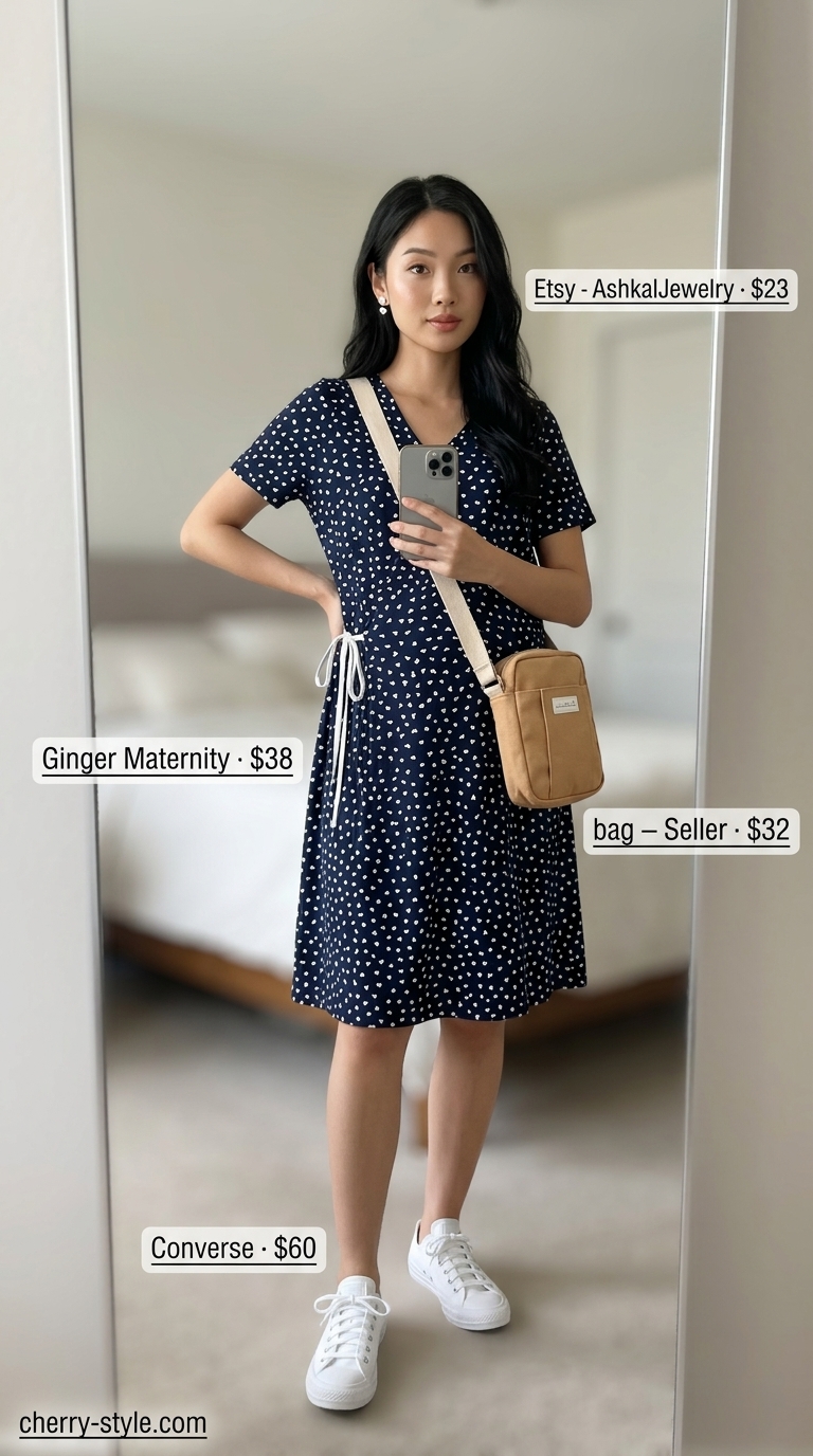 Casual maternity summer outfits 2026: Denim shorts with graphic tee, white sneakers, and canvas bag for weekend fun.