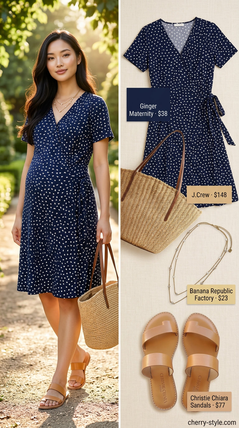Casual maternity summer outfits 2026: Floral maxi dress with tan sandals, straw tote, and gold necklaces for a picnic.