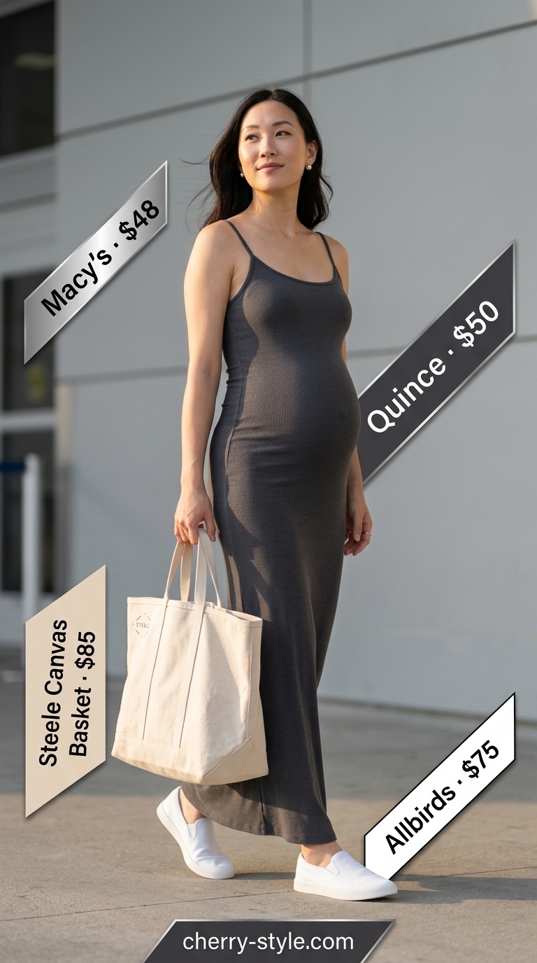 Relaxed travel maternity summer outfits 2026: Charcoal grey dress, canvas tote, and sneakers for a comfortable journey.
