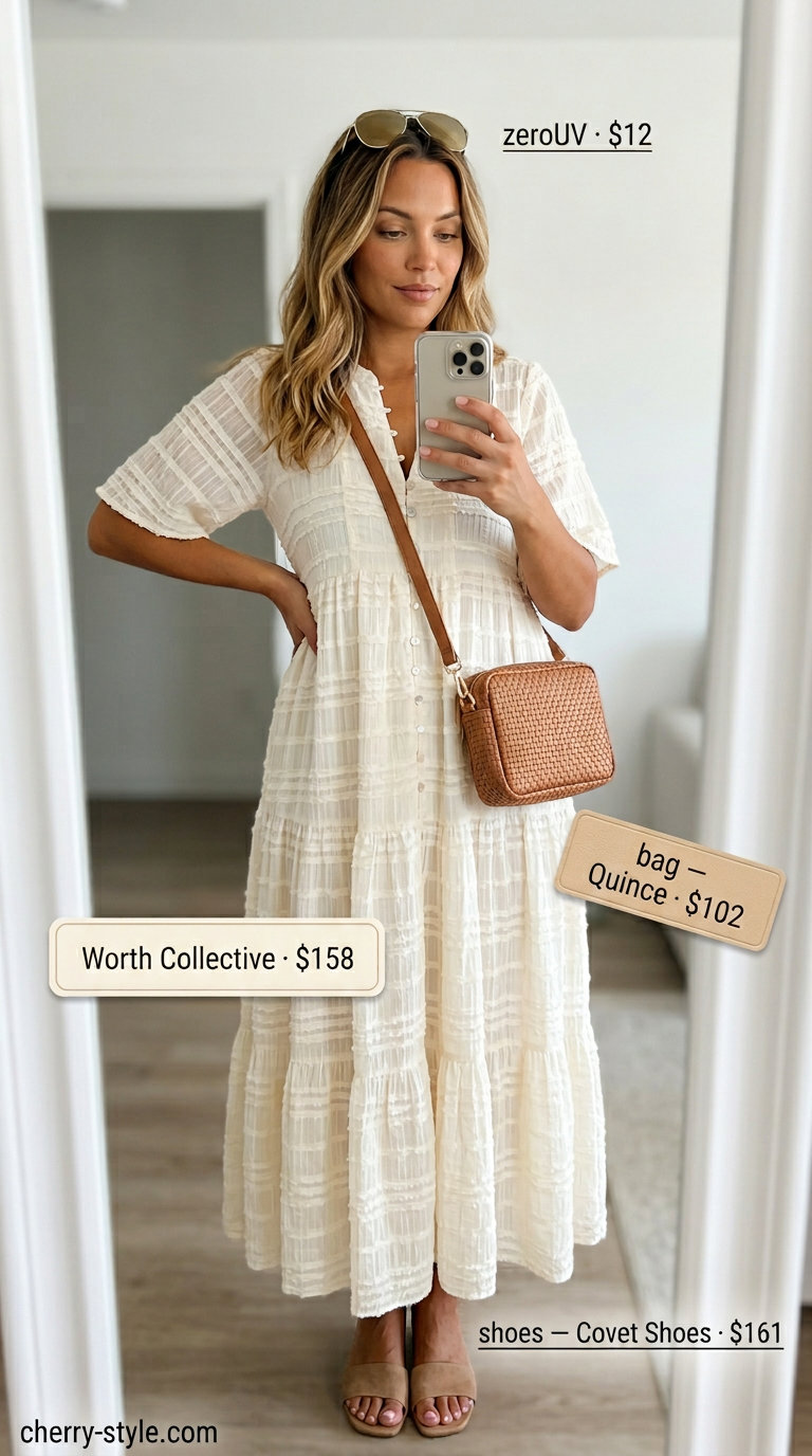 Casual maternity summer outfits 2026: Khaki jumpsuit with tan mules, crossbody bag, and aviator sunglasses for day out.