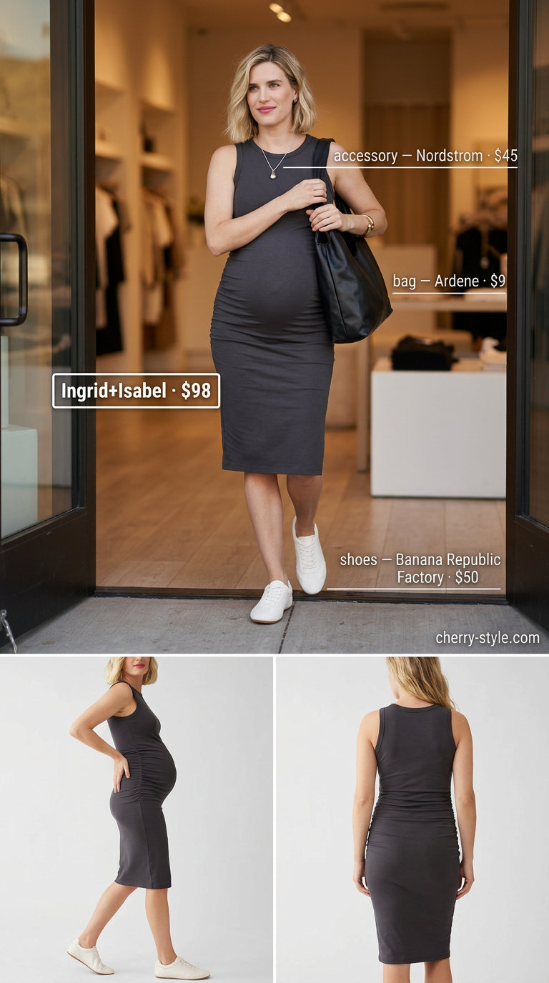 Casual maternity summer outfits 2026: Charcoal grey knit jumpsuit with white sneakers and silver necklace for travel.