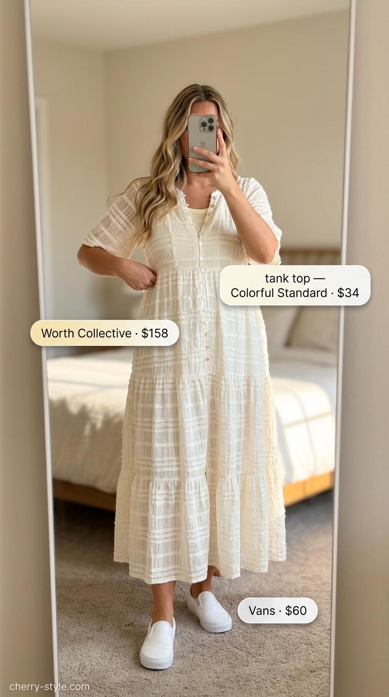 Casual maternity summer outfits 2026: White linen dress with yellow tank and straw bag for a relaxed day out.