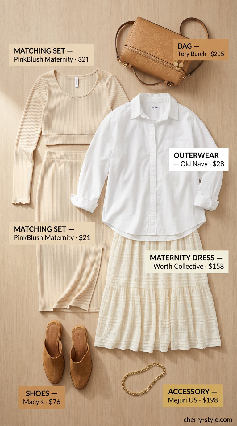 Casual maternity summer outfits 2026: Cream matching set with oversized shirt, block heels, and tan bag for a chic look.