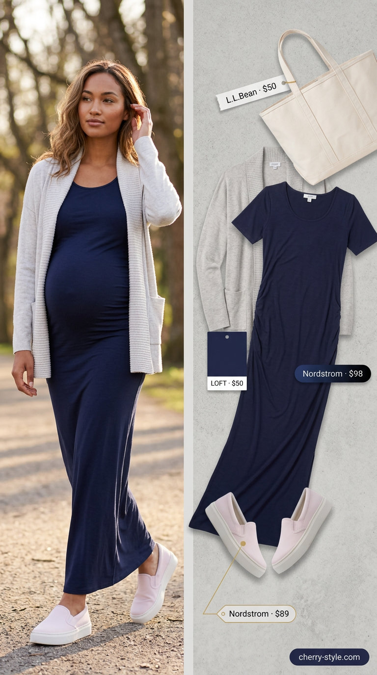 Casual maternity summer outfits 2026: Denim blue maternity dress, grey cardigan, pink sneakers for park stroll.