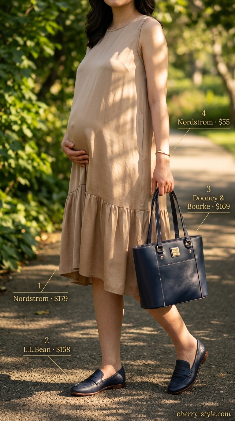 Casual maternity summer outfits 2026: Beige dress with navy tote, gold cuff, and classic leather loafers for a park stroll.