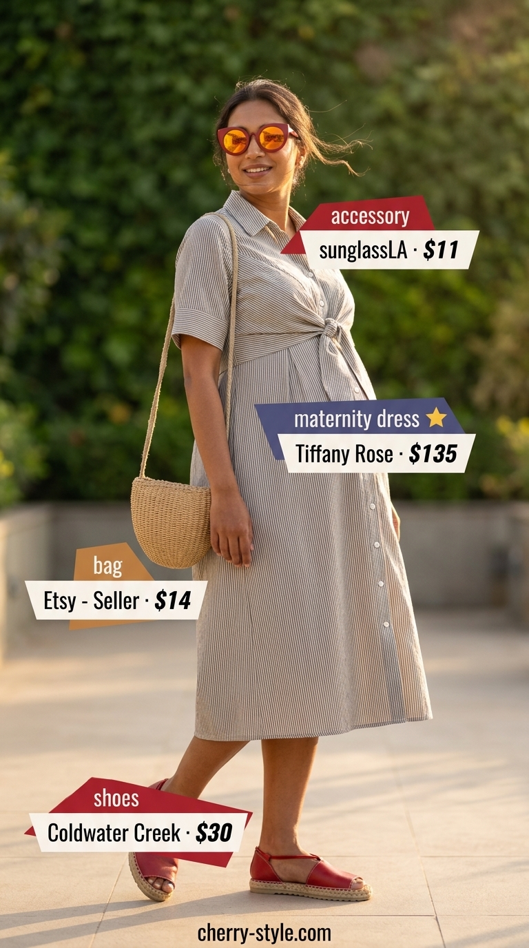 Casual maternity summer outfits 2026: Red sundress with espadrilles, straw bag, and cat-eye sunglasses for a sunny day.