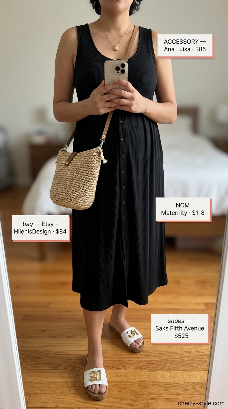 Casual maternity summer outfits 2026: Sky blue romper with espadrilles, raffia bag, and gold pendant for vacation.