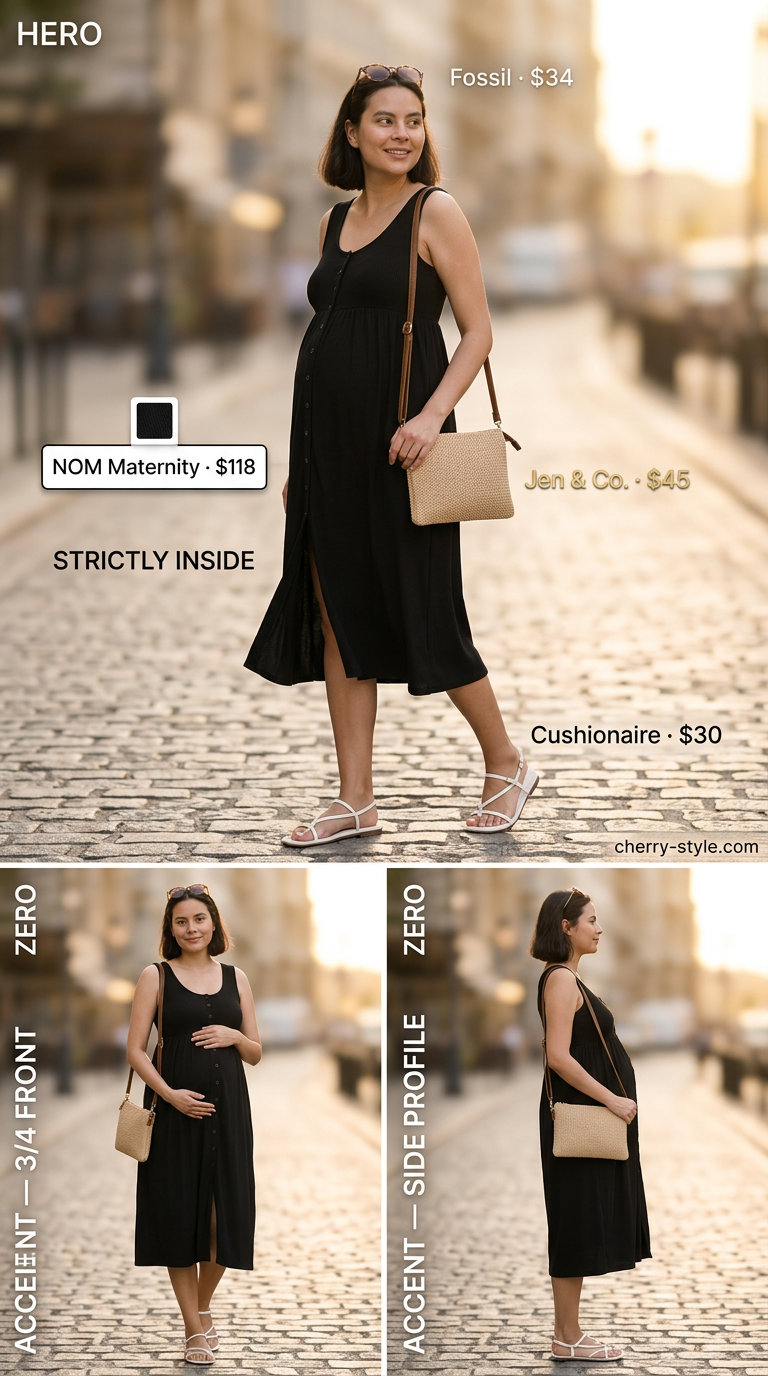 Casual maternity summer outfits 2026: Coral pink sundress with white sandals, sunglasses, and straw bag for beach.