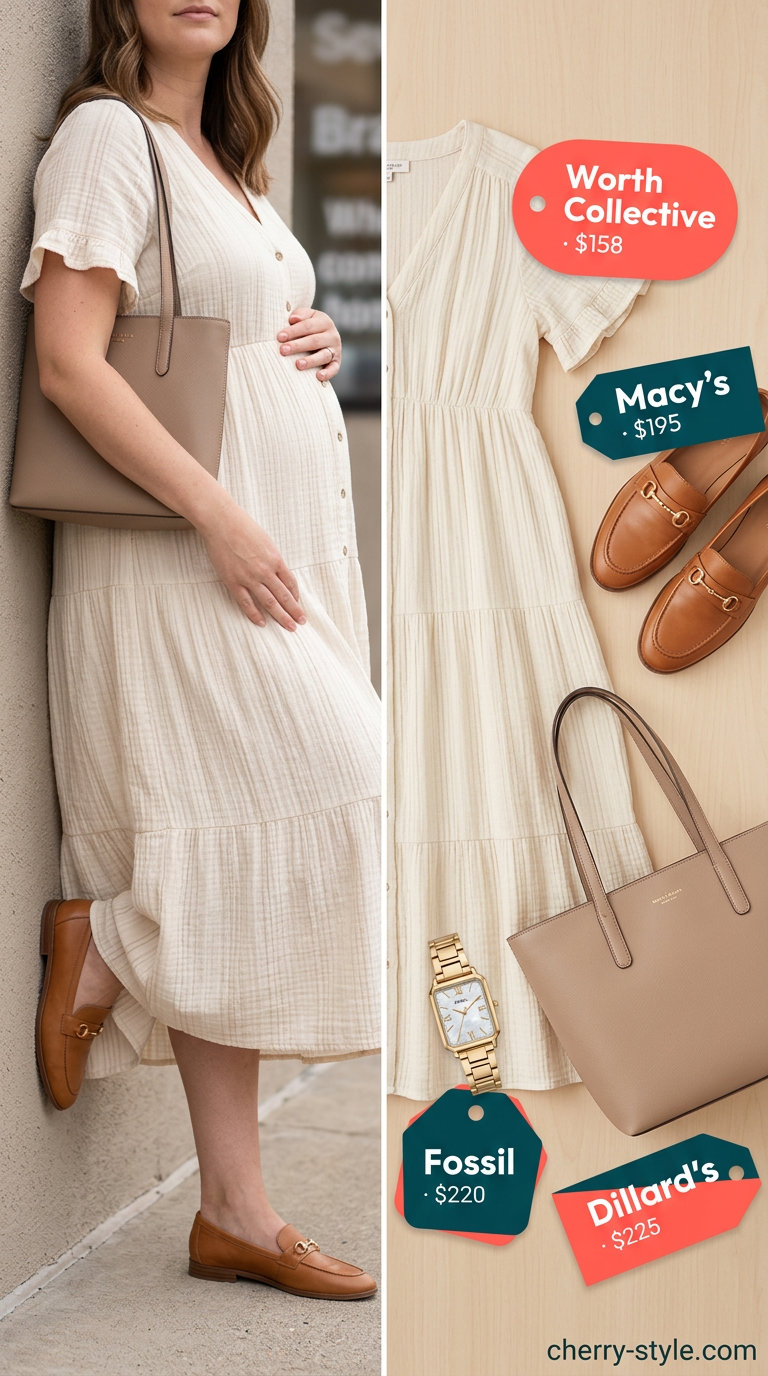 Casual maternity summer outfits 2026: Navy trousers with white top, leather loafers, and structured tote for a polished look.
