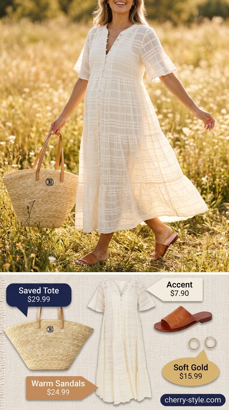 Sunny meadow casual maternity summer outfits 2026: Yellow maxi dress, straw tote, and leather slides for a picnic.