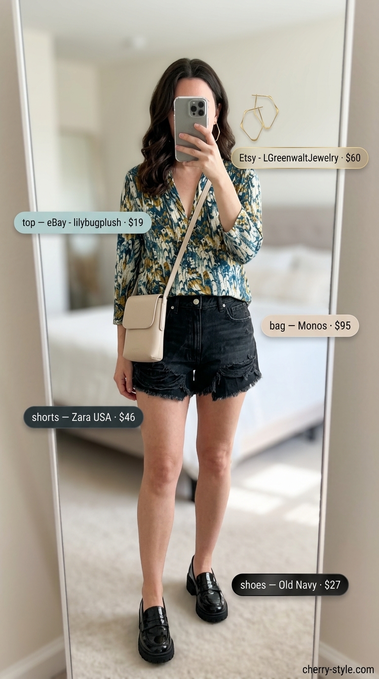 Casual short outfits summer for women 2026: Teal abstract blouse, black denim shorts, platform loafers for art walk.