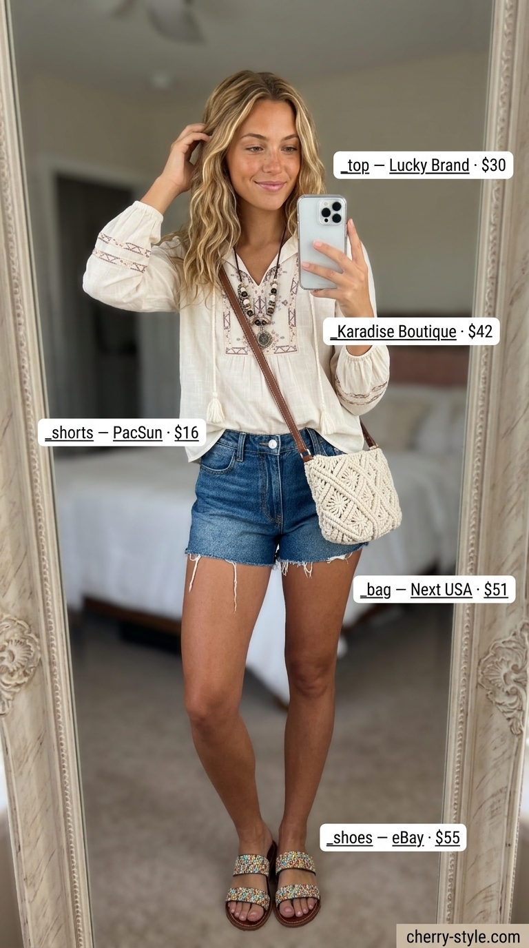 Casual short outfits summer for women 2026: Indigo denim shorts, cream peasant blouse, leather sandals for beach bonfire.