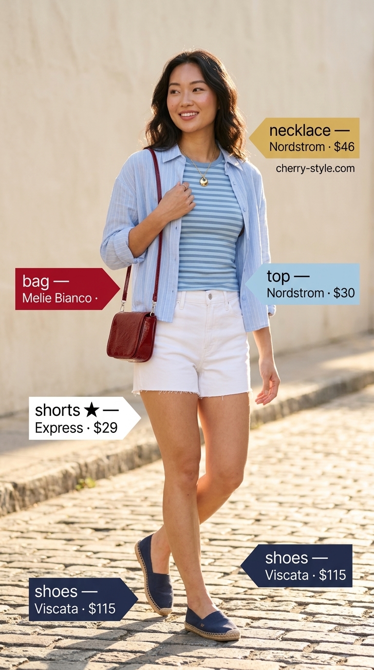 Casual short outfits summer for women 2026: White denim shorts, striped tee, red bag for crisp weekend.