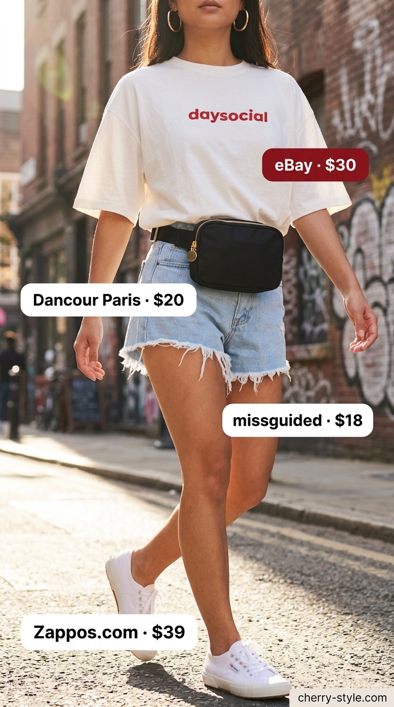 Casual short outfits summer for women 2026: Light blue denim shorts, graphic tee, belt bag for festival vibes.