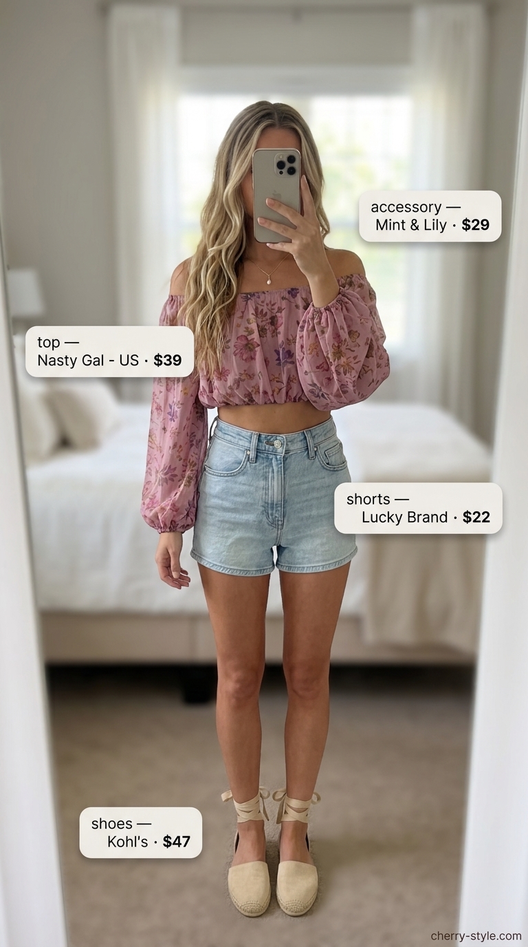 Casual short outfits summer for women 2026: White denim shorts, pink smocked top, espadrilles for garden brunch.