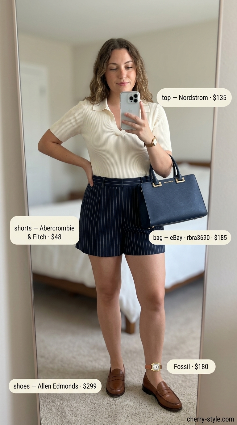 Casual short outfits summer for women 2026: Navy pinstripe shorts, cream polo knit, penny loafers for preppy style.