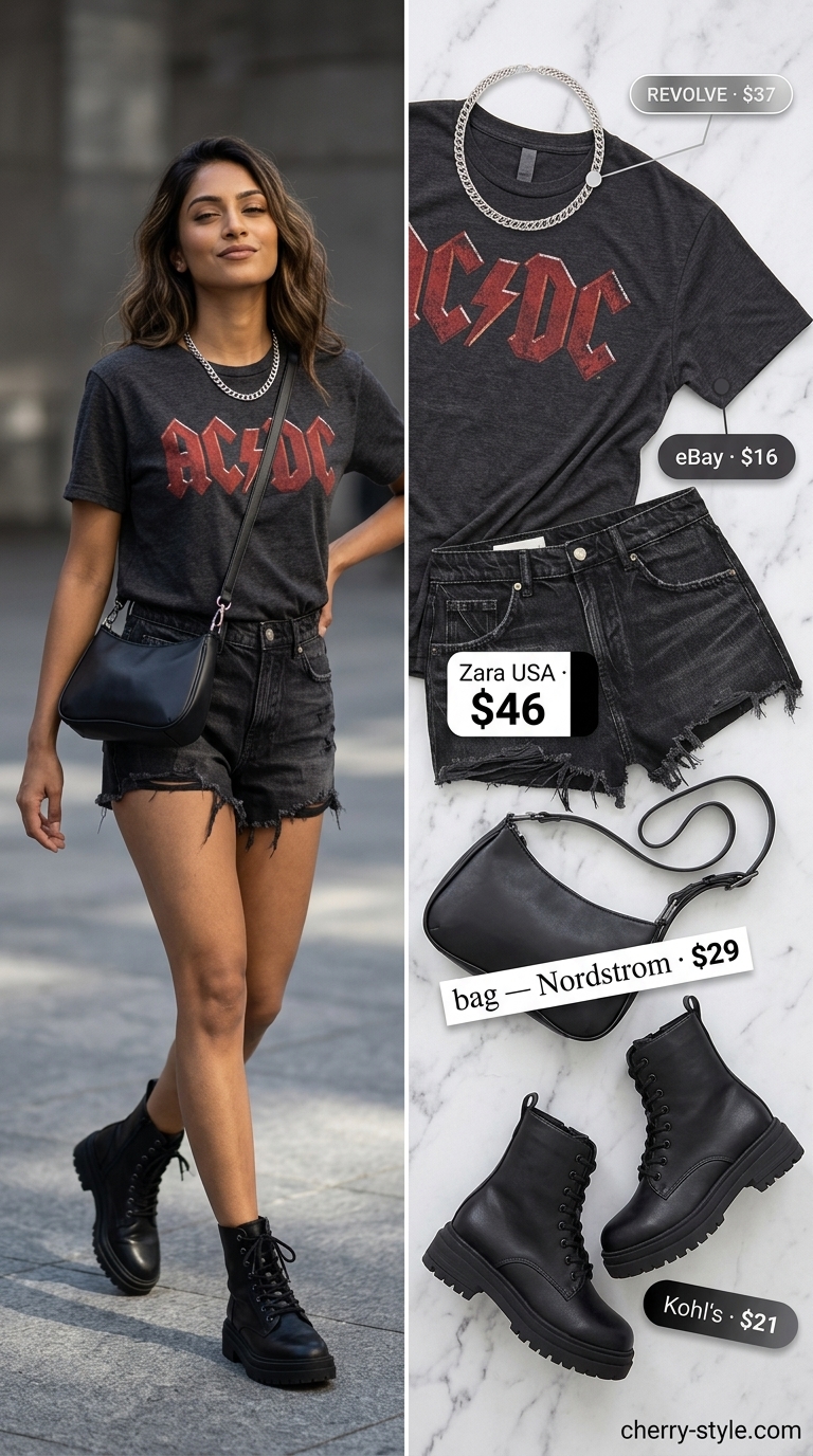 Casual short outfits summer for women 2026: Distressed black shorts, band tee, combat boots for grunge style.