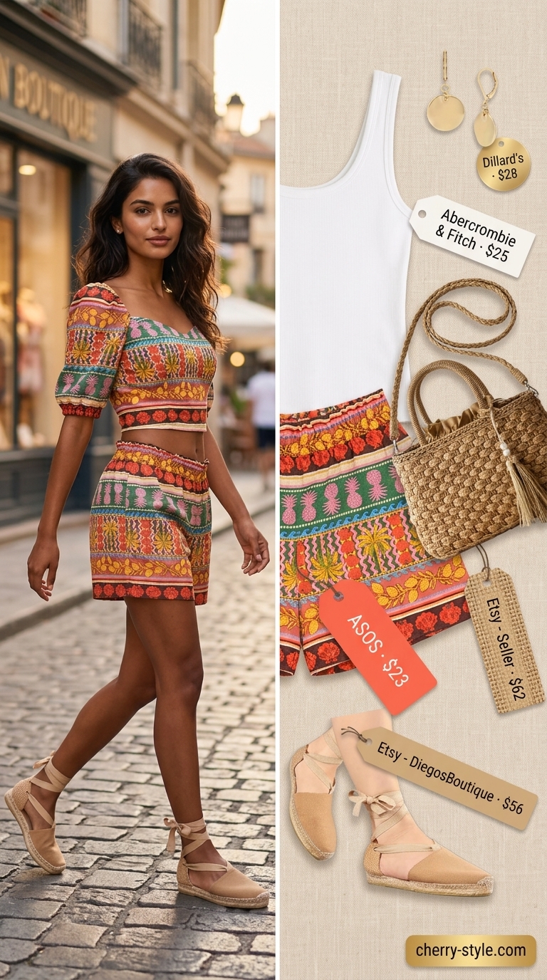 Casual short outfits summer for women 2026: Coral abstract shorts, white tank, espadrilles for vacation.