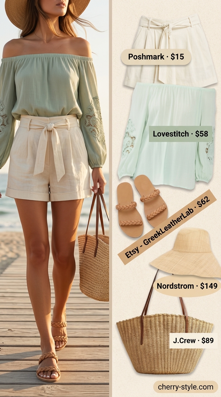 Cream linen shorts, sage green blouse, and straw tote for casual short outfits summer for women 2026.