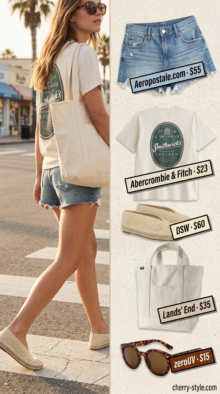 Beach town brunch outfit: distressed denim shorts, graphic tee, espadrilles, tote bag. Casual short outfits summer for women 2026.