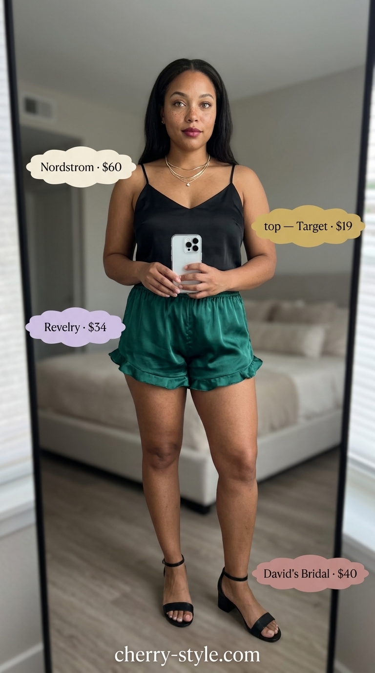 Emerald green silk shorts, black satin camisole, and block heels for casual short outfits summer for women 2026.