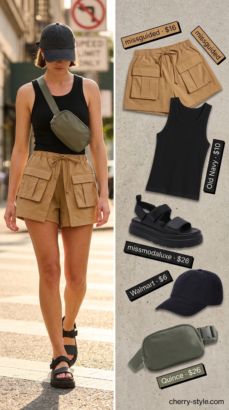 Khaki utility shorts, black tank top, and platform sandals for casual short outfits summer for women 2026.