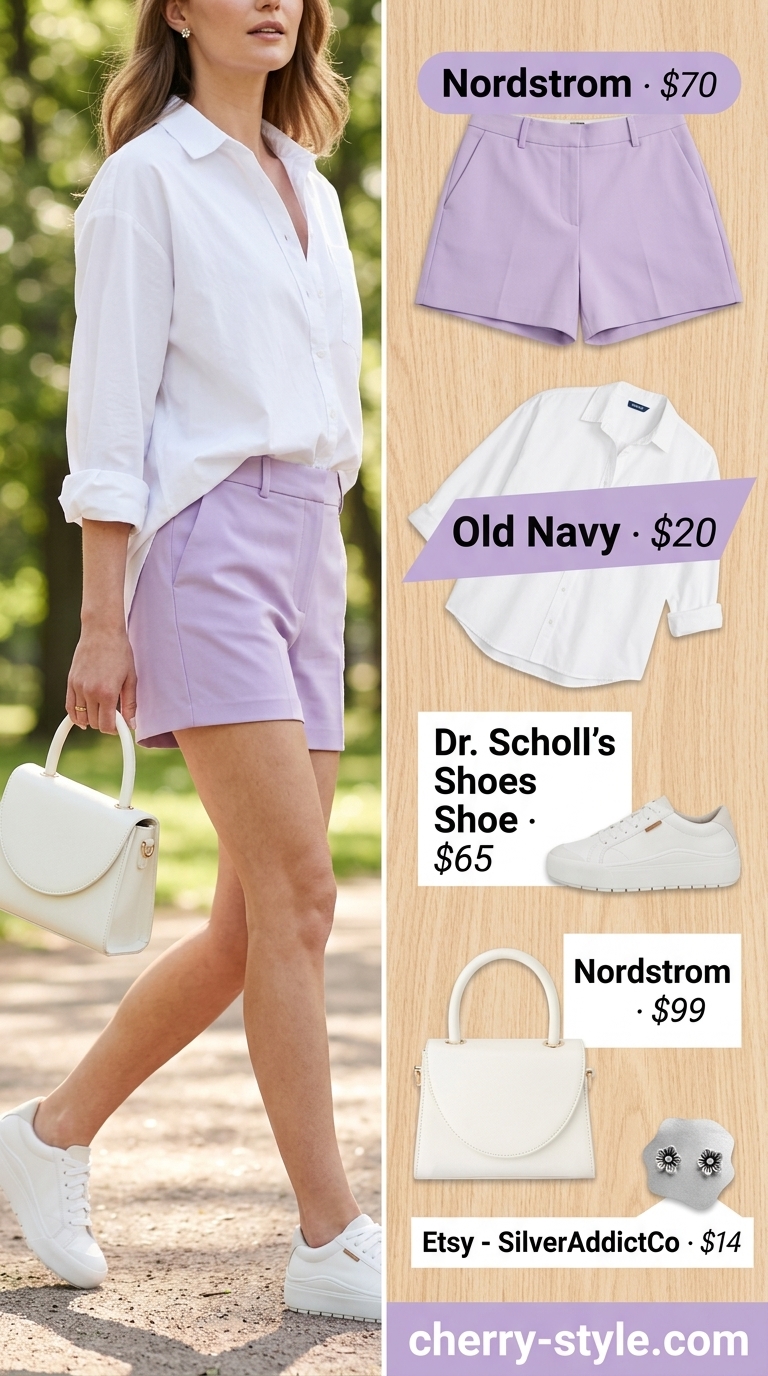 Lavender tailored shorts, white oversized shirt, and sneakers for casual short outfits summer for women 2026.