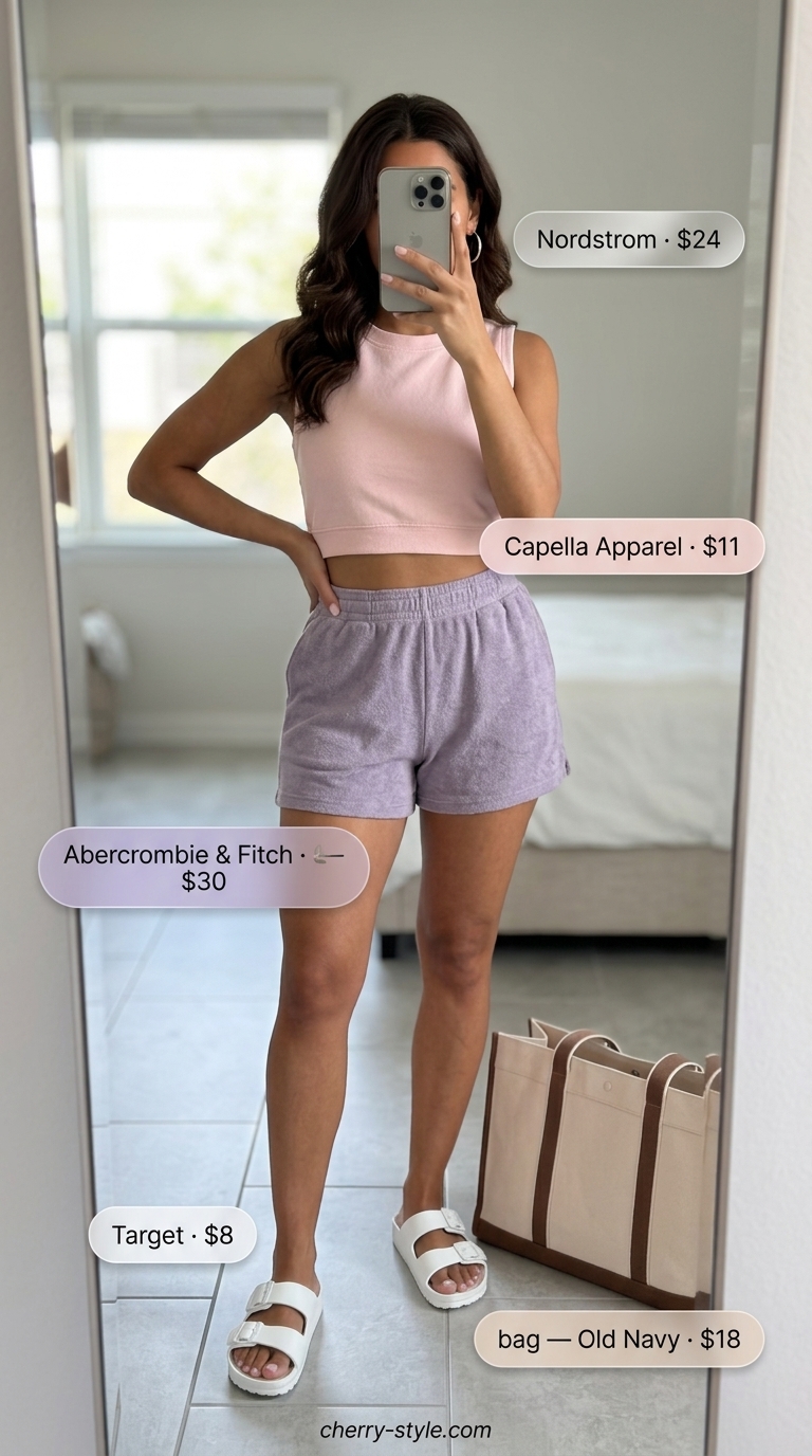 Lavender terry cloth shorts, matching crop top, and slide sandals for casual short outfits summer for women 2026.