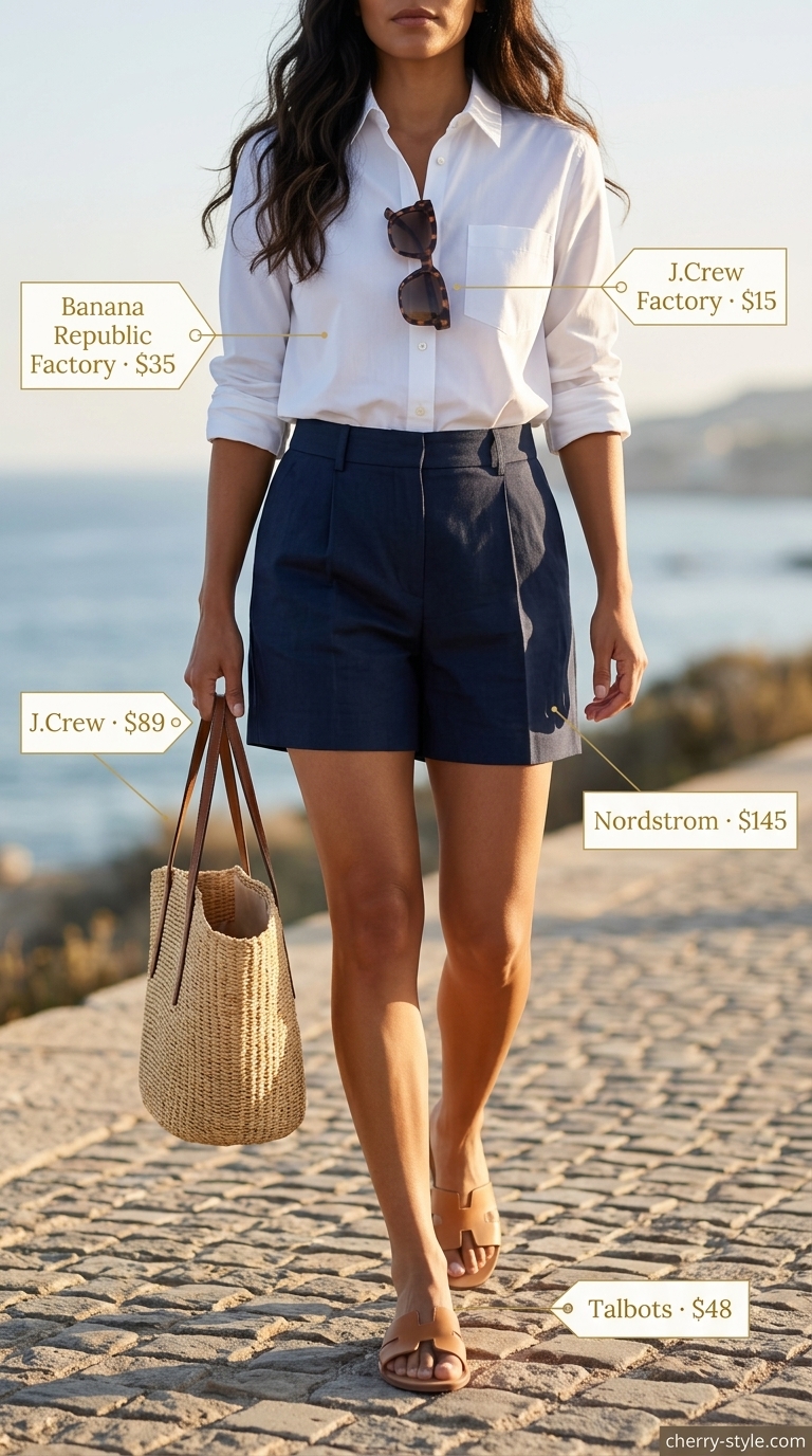 Navy linen shorts, striped shirt, and flat sandals for casual short outfits summer for women 2026.