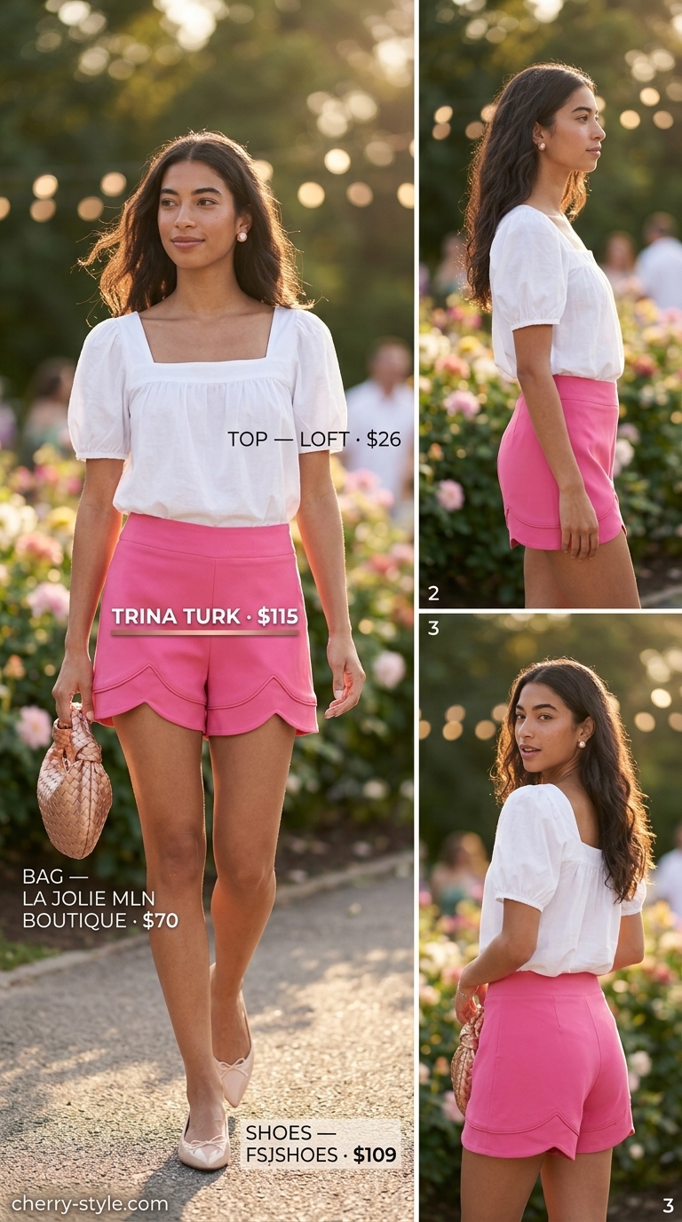 Sweet garden party outfit: pink scalloped shorts, puff-sleeve blouse, ballet flats, rose gold bag. Casual short outfits summer for women 2026.