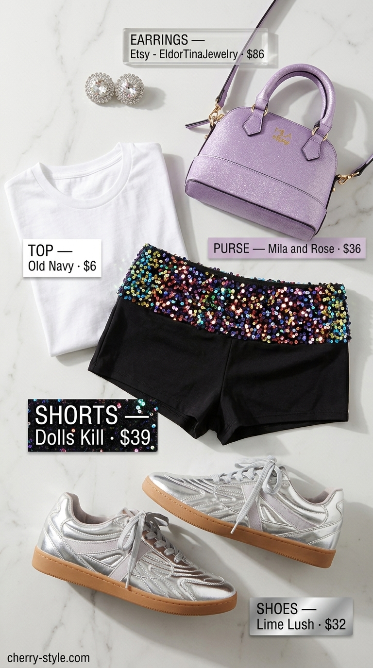 Festive summer party outfit: iridescent sequin shorts, white tee, lilac glitter bag, crystal earrings. Casual short outfits summer for women 2026.