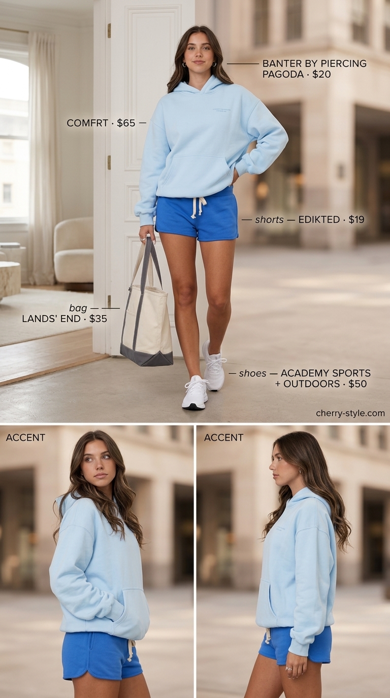 Sporty lounge outfit: sky blue terry shorts, white sneakers, matching hoodie. Casual short outfits summer for women 2026.