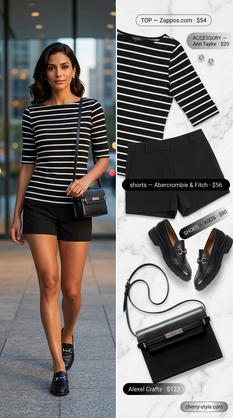 Polished urban explorer outfit: black leather loafers, striped top, tailored shorts, crossbody bag. Casual short outfits summer for women 2026.