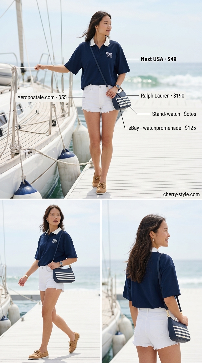 Preppy lakeside outfit: white denim shorts, navy polo, boat shoes, striped bag. Casual short outfits summer for women 2026.