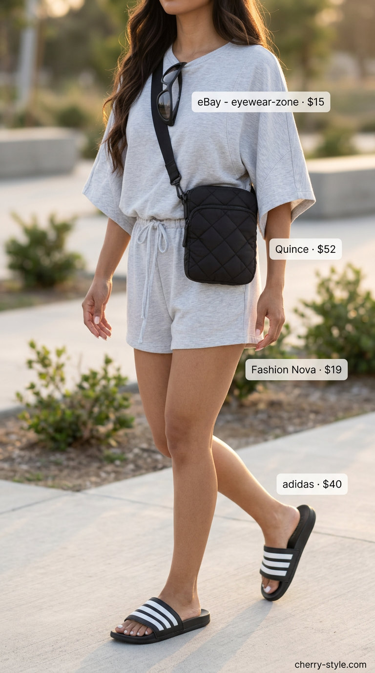 Grey jersey romper with black slides, sunglasses, and crossbody bag. Casual summer romper outfits for women 2026.