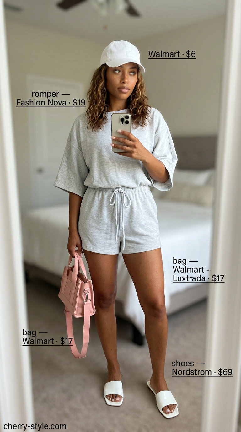 Light grey knit romper with pink crossbody bag, baseball cap, and slides. Casual summer romper outfits for women 2026.