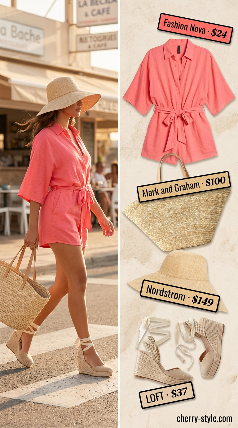Coastal summer romper outfit for women 2026: Coral linen romper, straw tote, straw hat, espadrilles.