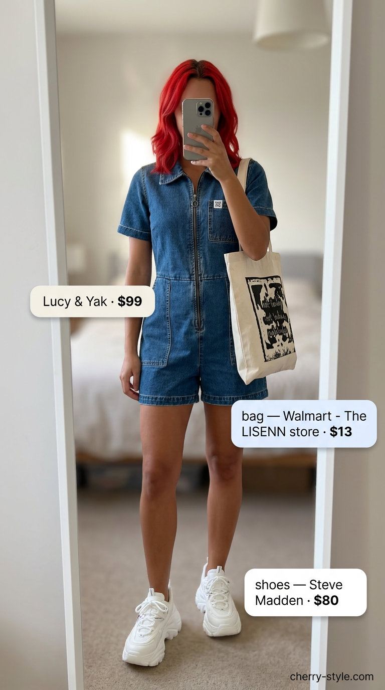 Retro denim romper outfit for women 2026: Dark wash denim romper, platform sneakers, graphic tote.