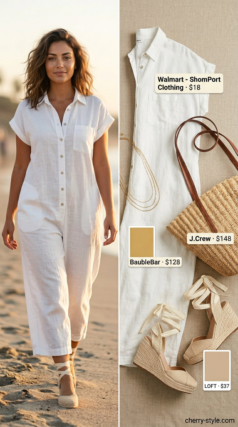 White linen romper with gold necklaces, straw tote, and espadrille sandals. Casual summer romper outfits for women 2026.