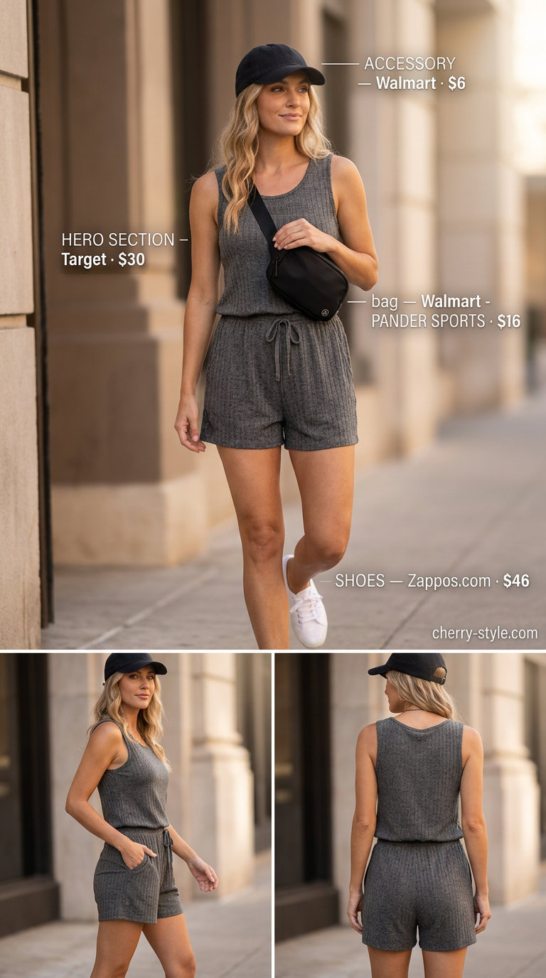 Sporty summer romper outfit for women 2026: Charcoal grey romper, baseball cap, belt bag, sneakers.