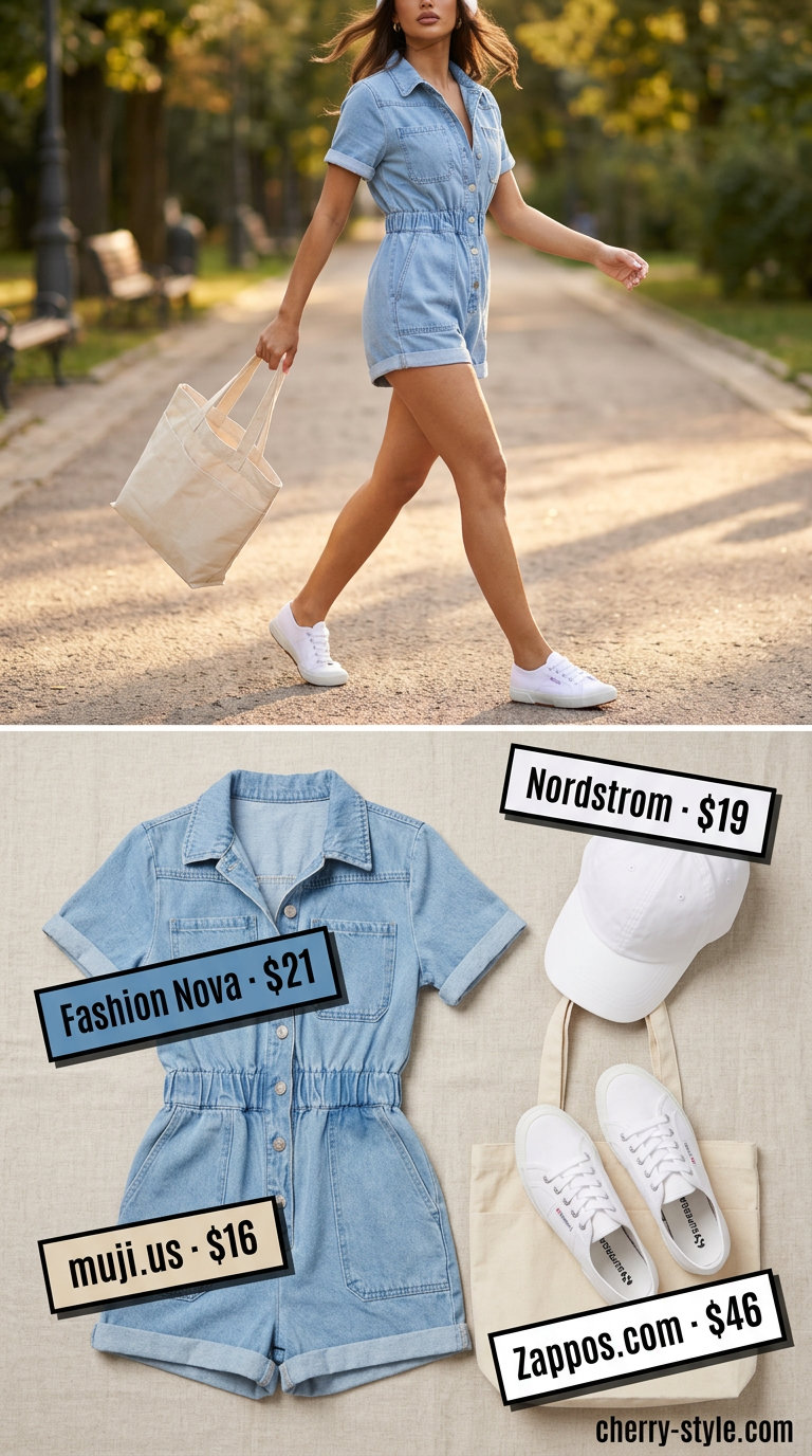 Light blue denim romper with white sneakers, baseball cap, and canvas tote. Casual summer romper outfits for women 2026.