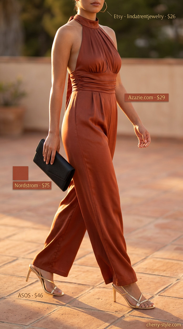 Sunset glow romper outfit for women 2026: Terracotta satin romper, gold earrings, clutch, heeled sandals.