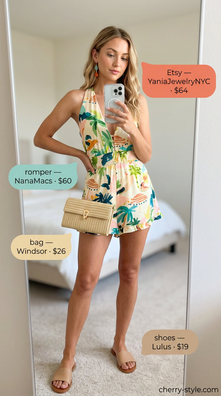Tropical summer romper outfit for women 2026: Halter romper, slide sandals, statement earrings, straw clutch.