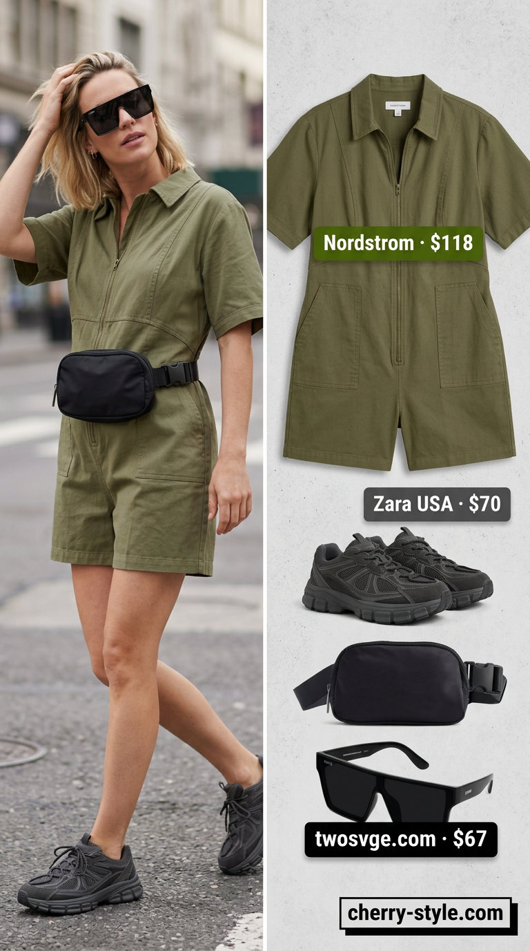 Urban explorer romper outfit for women 2026: Olive utility romper, chunky sneakers, belt bag, sunglasses.